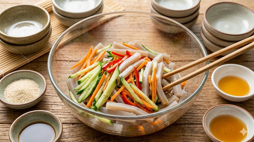 Julienning fresh cucumbers, carrots, and chili peppers on a wooden board next to a clear bowl of sliced agar-agar jelly