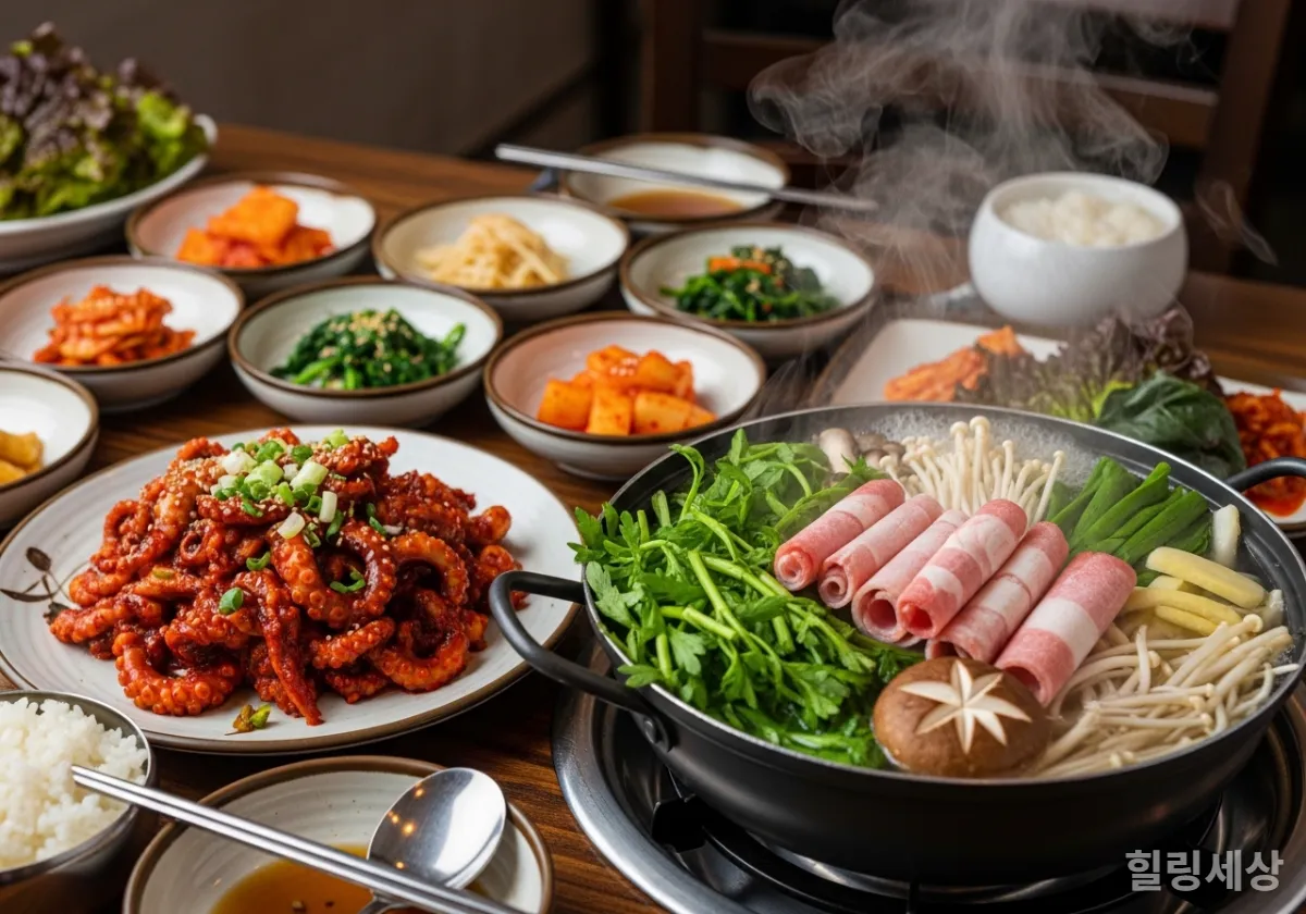 서해안 현지 맛집에서 차려진 주꾸미 샤브샤브와 매콤한 볶음 요리 한 상