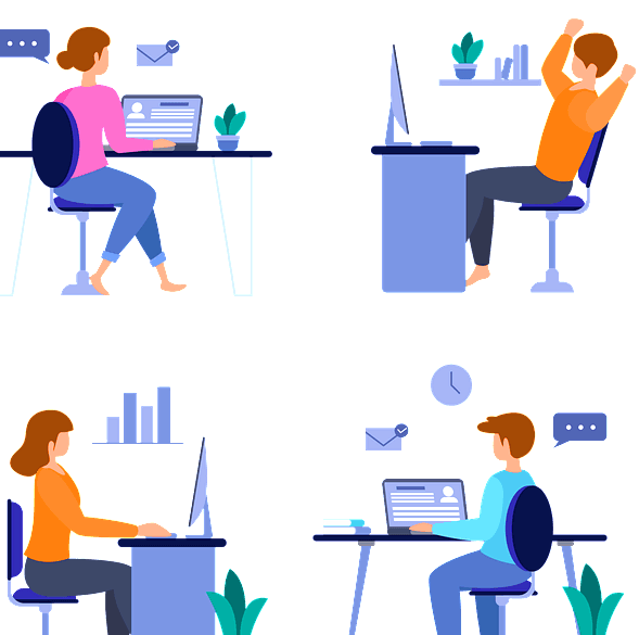 청년 여자 2명, 청년 남자 2명이 각각 사무실 책상 앞에 앉아 노트북을 보며 일하는 장면이다.