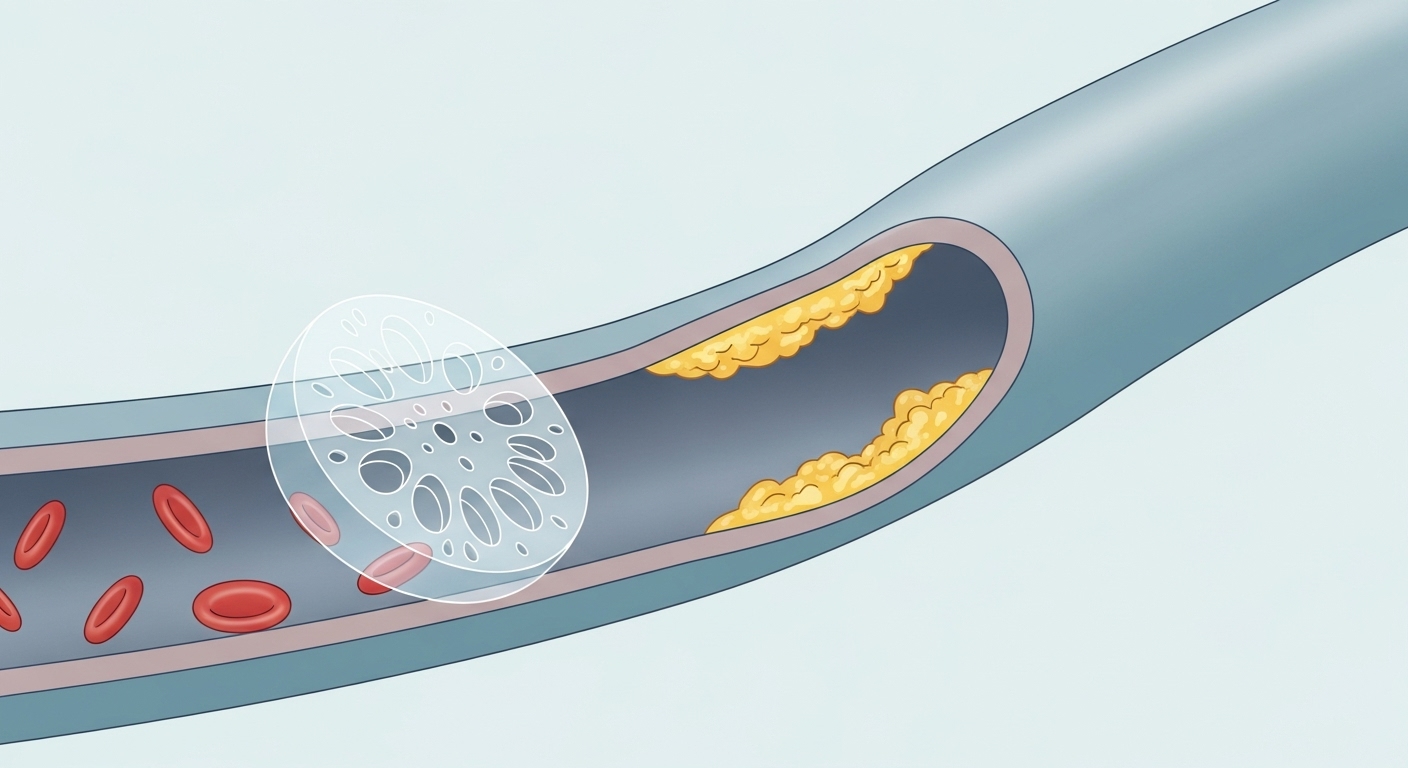 깨끗한 혈관과 막힌 혈관을 보여주는 그래픽 이미지. 연근이 혈관을 보호하고 건강하게 유지하는 모습을 상징적으로 표현.