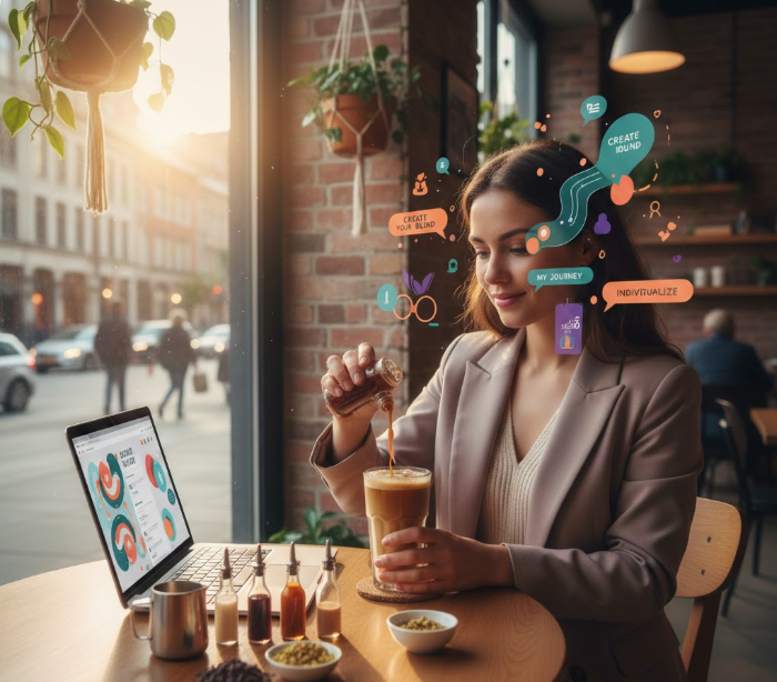 카페에서 커피를 직접 만들고 노트북으로 브랜딩하는 젊은 여성