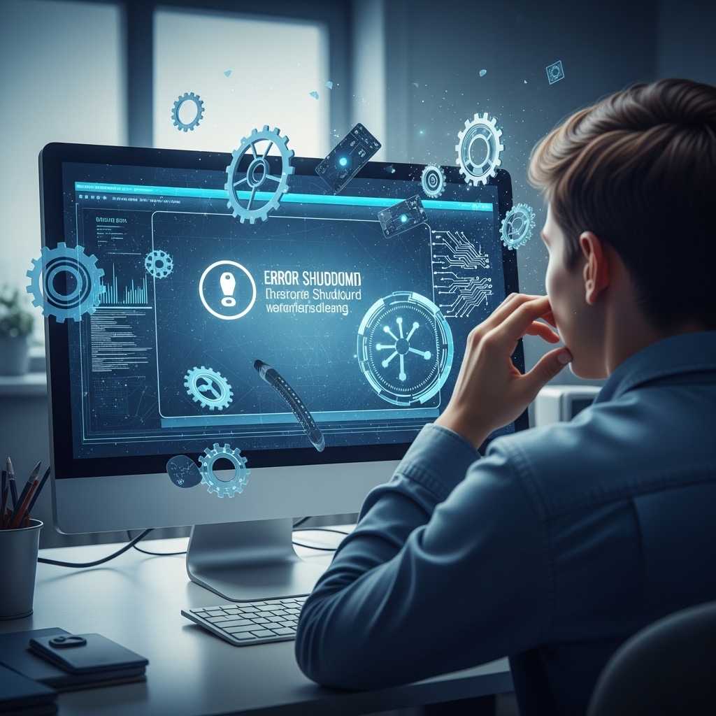 컴퓨터 종료가 안 되거나 계속 재부팅되어 답답해하는 사람과 오류 메시지가 뜨는 모니터 화면