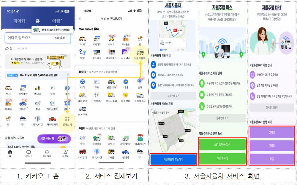 서울자율차 서비스 통합 안내 화면