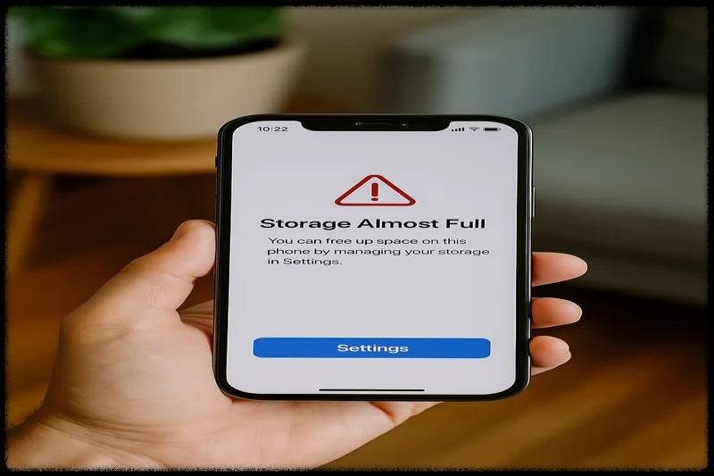 스마트폰 화면에 '저장 공간 부족' 경고 메시지가 표시된 모습