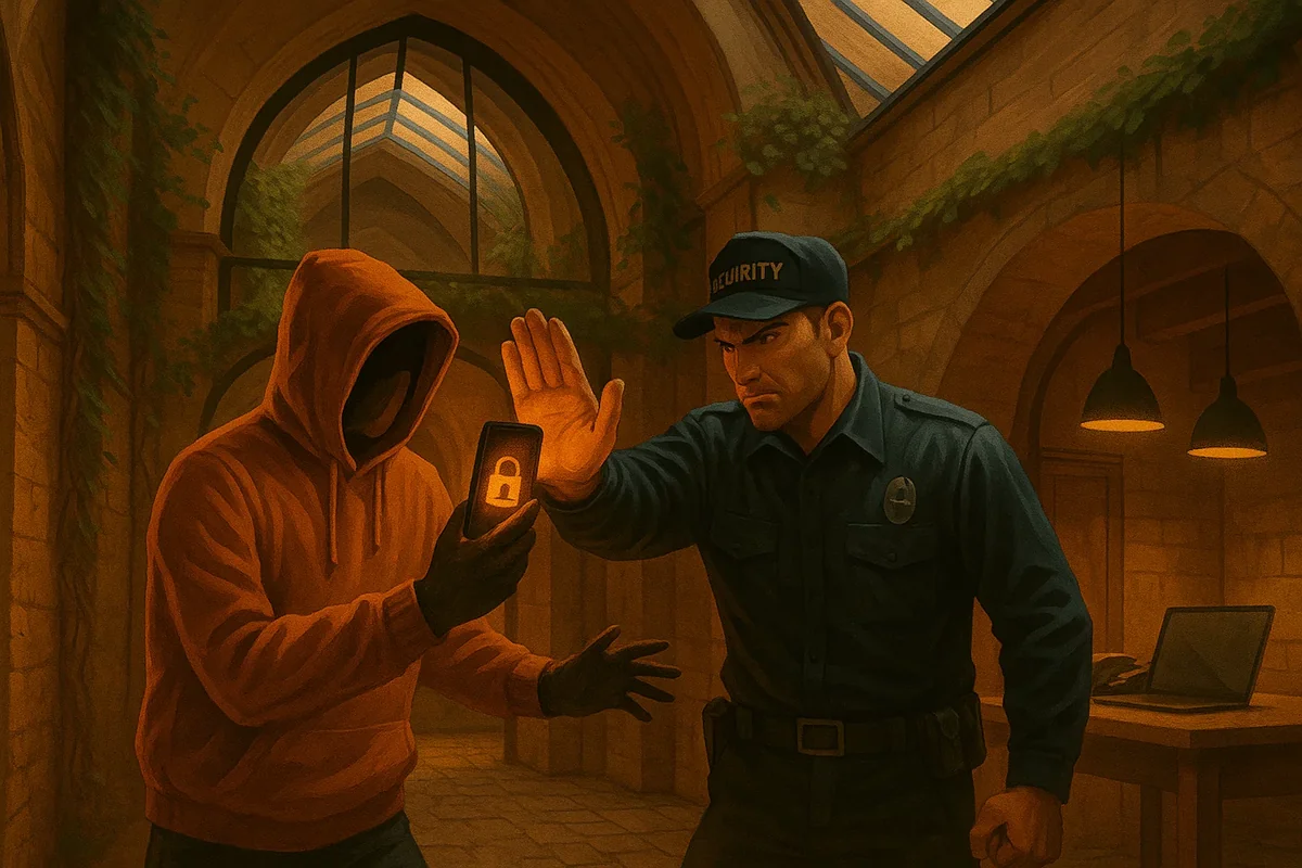 경비원이 해커의 스마트폰 접근 시도 막는 장면
