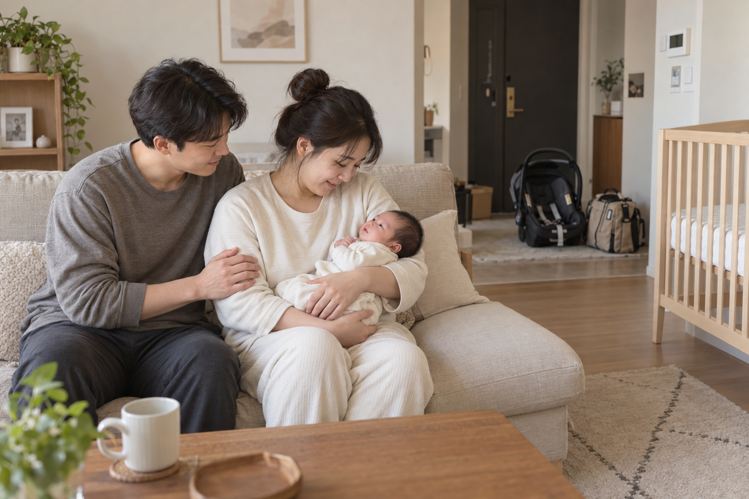 아기와 집에서 첫날을 표현한 사진