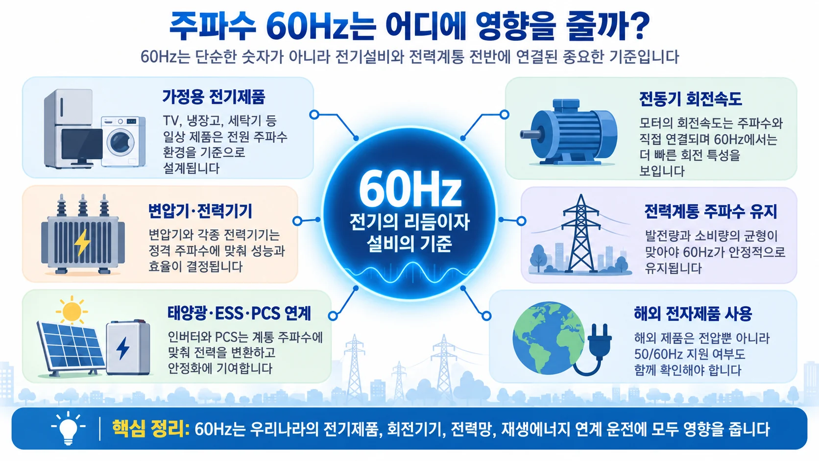 60Hz가 가전제품 전동기 변압기 전력계통 ESS에 미치는 영향을 설명한 인포그래픽