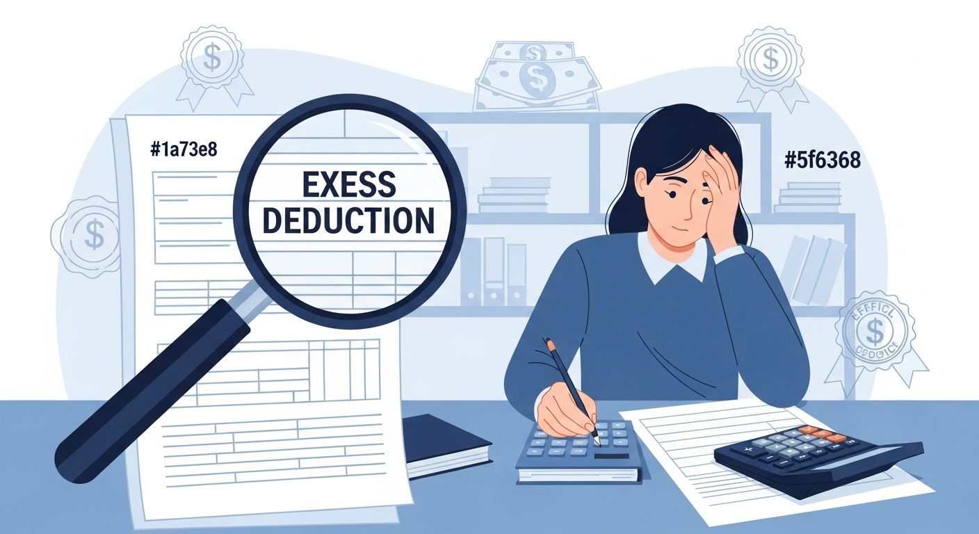 복잡한 연말정산 서류를 검토하며 스트레스받는 사람과 과다공제 항목을 확대하는 돋보기 이미지