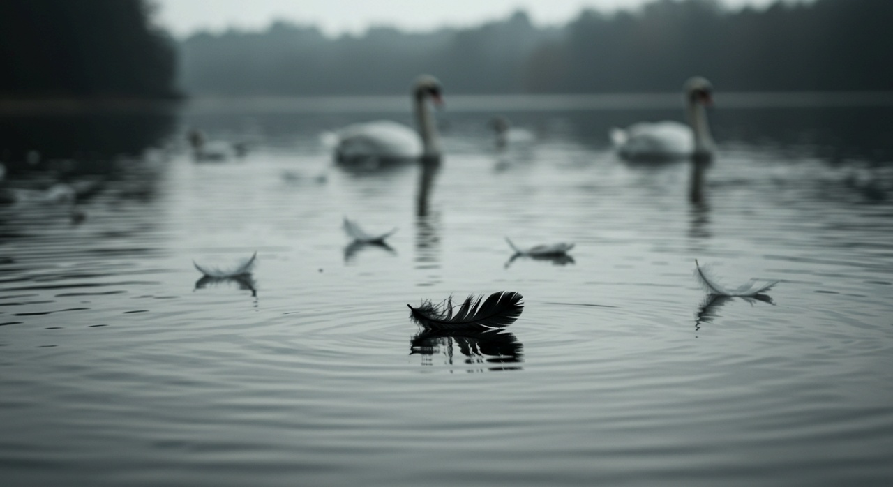 안개 낀 새벽 호수 위, 사라지는 백조 무리와 물 위에 떠 있는 큰 검은 깃털 하나