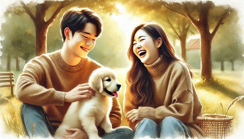 강아지를 키우는 반려인 커플에 대한 이미지