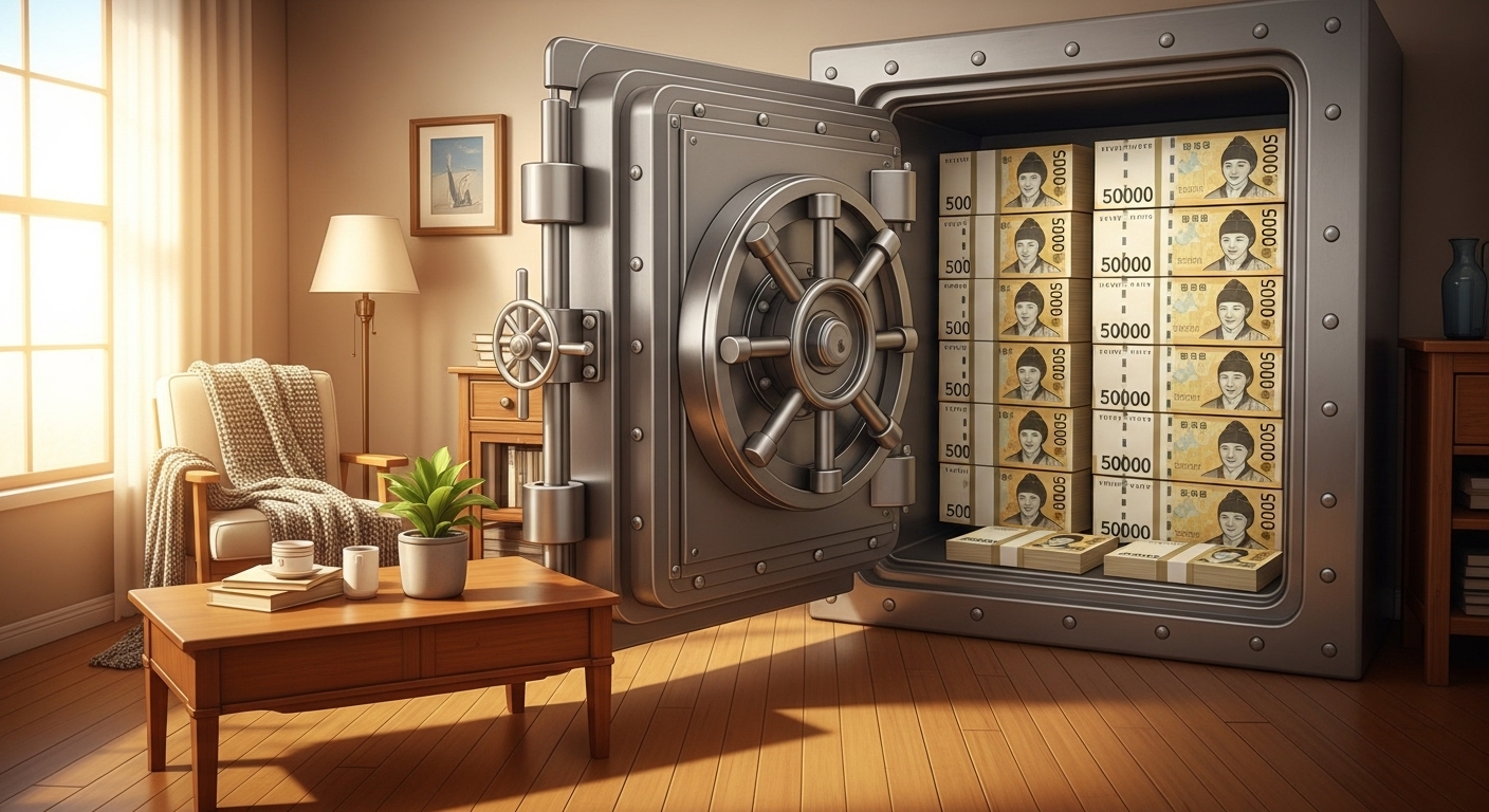 안전하게 보관된 목돈과 아파트 내부를 배경으로 한 전세의 안정성을 나타내는 이미지