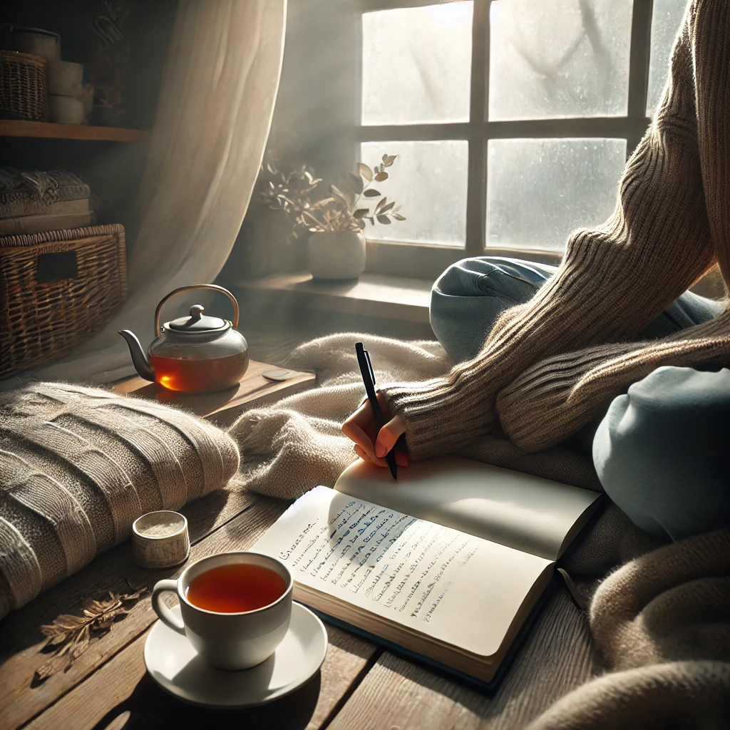 창가에서 자기를 위한 노트를 작성하는 모습