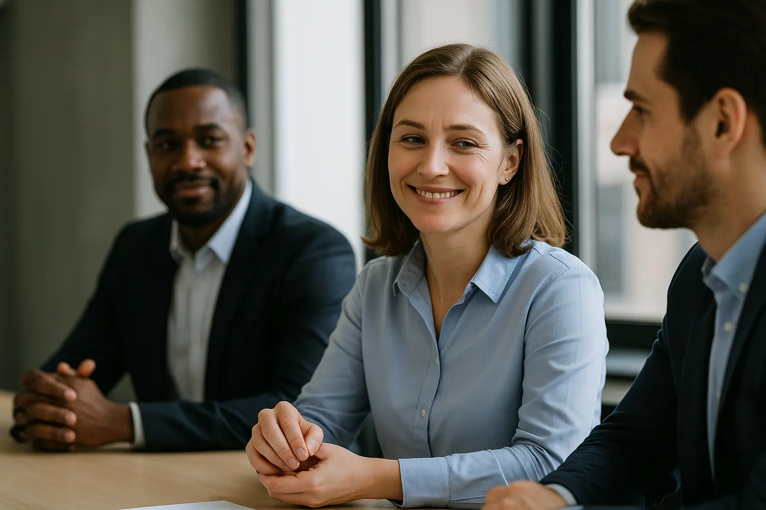 회의실에서 미소를 짓지만 손가락을 만지며 불안한 참석자와 이를 차분히 바라보는 동료 모습