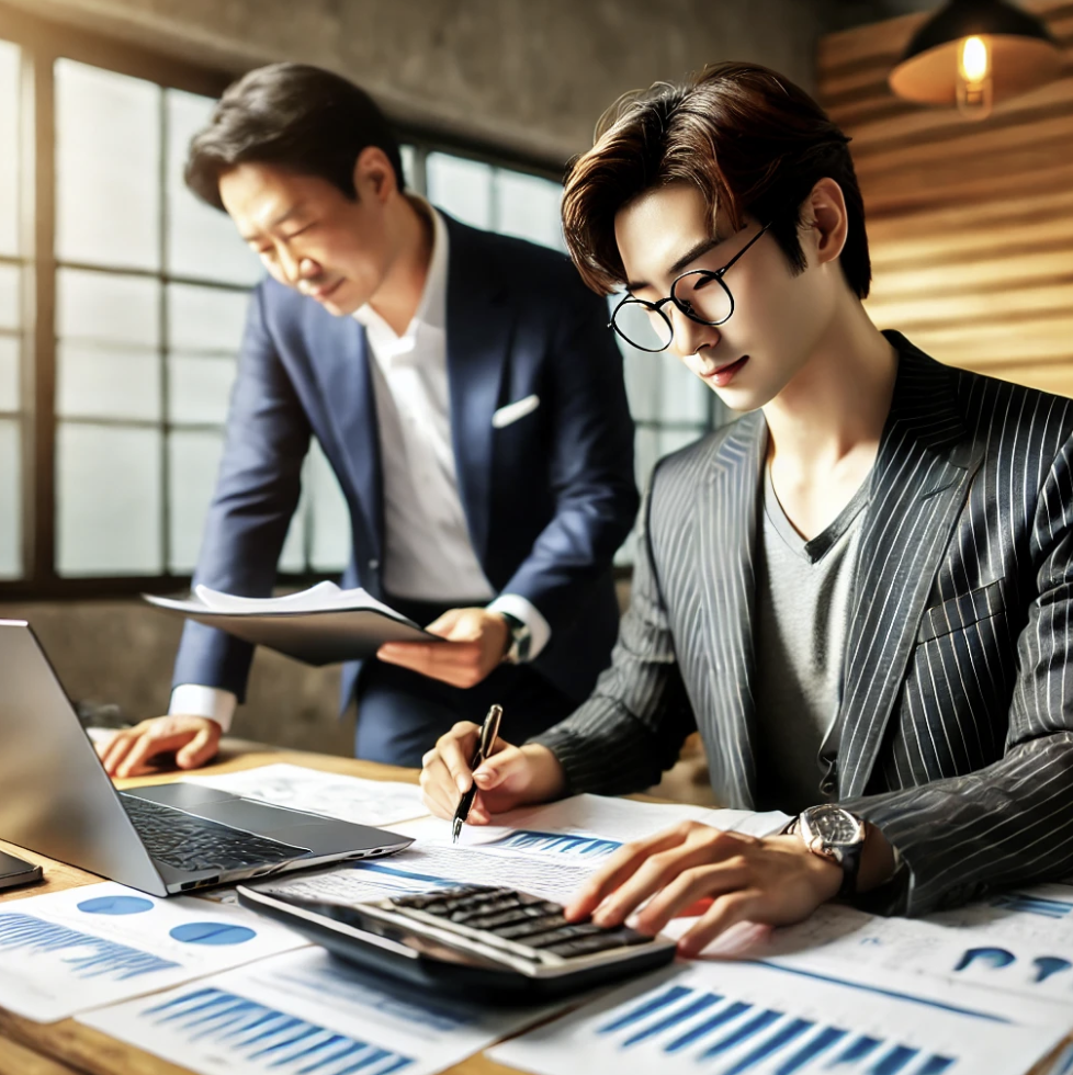 세무사 사무실에서 부가가치세 서류 검토 중인 회계사