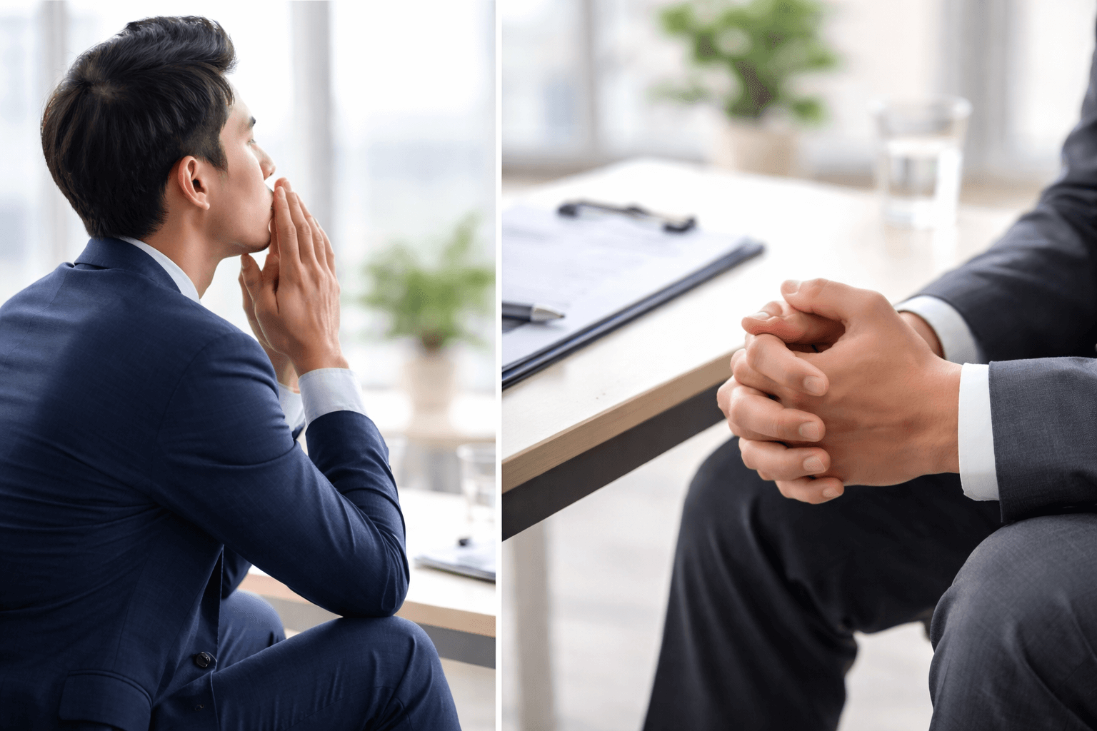 면접 떨림을 진정시키기 위해 정장을 입은 취업 준비생이 의자에 앉아 깊은 호흡을 하며 손을 맞잡고 긴장을 가라앉히는 모습