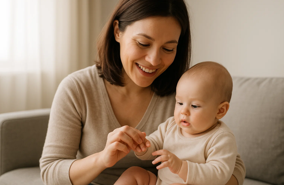 아기 돌보는 30대 육아맘