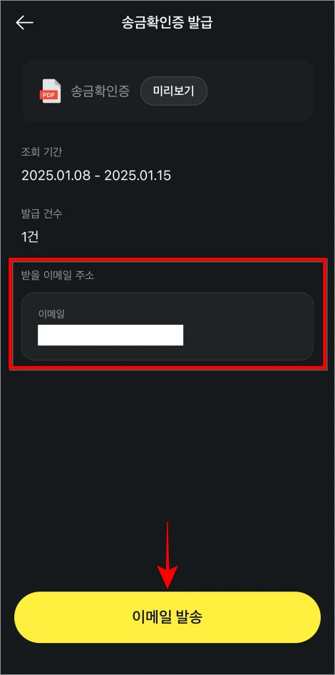 송금확인증을 전송받을 이메일 주소를 입력하고 '이메일 발송' 버튼을 선택