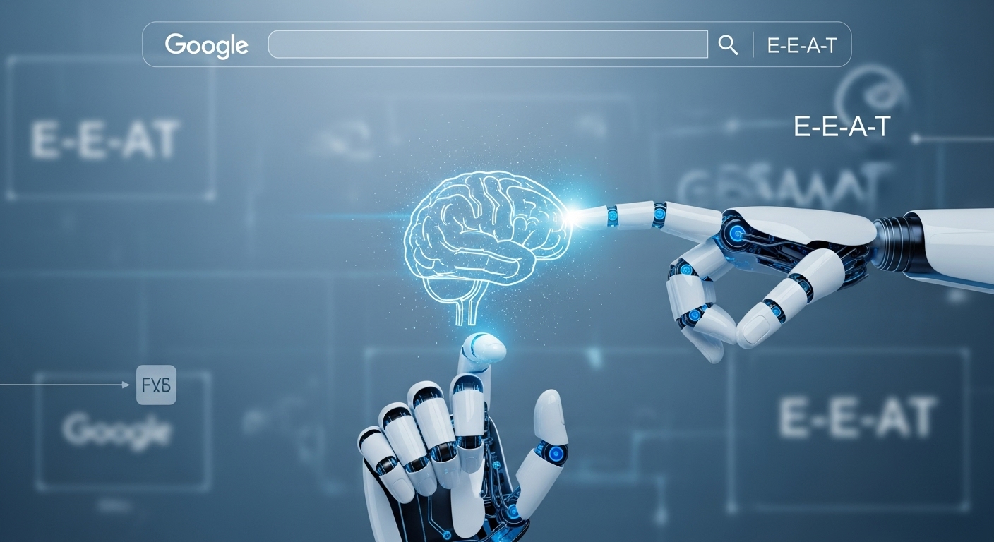 AI와 인간의 지능이 결합하여 E-E-A-T 기준을 충족하는 고품질 콘텐츠를 생성하는 모습을 상징하는 이미지.