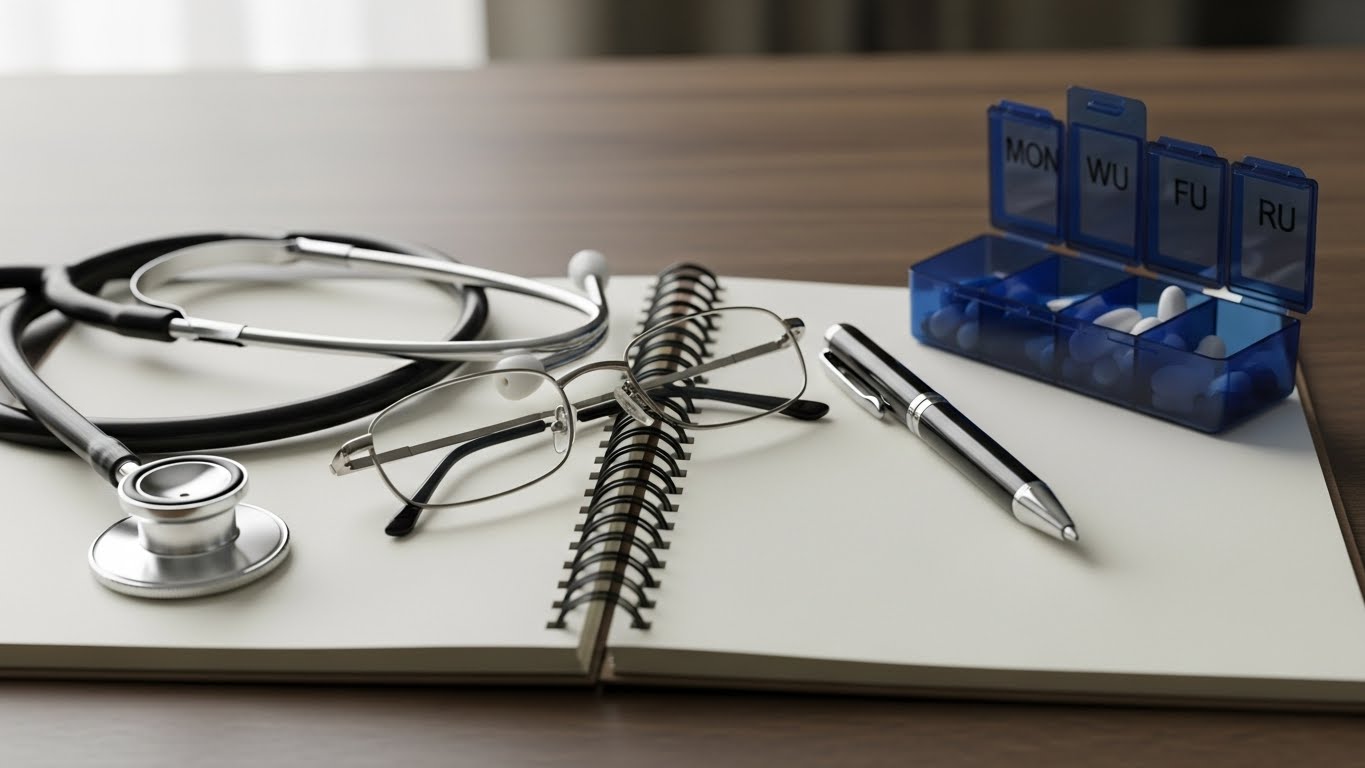 스프링-노트-위에-청진기와-안경-볼펜-약-통이-있습니다.