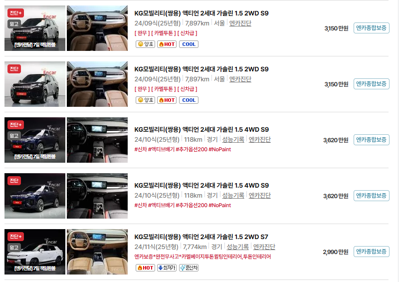 쌍용 액티언 중고차 가격 시세표 유지비