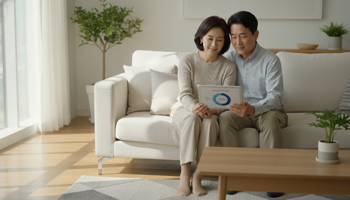 안정적인 자산 관리를 계획하며 태블릿의 투자 차트를 확인하는 4050 세대 부부의 모습