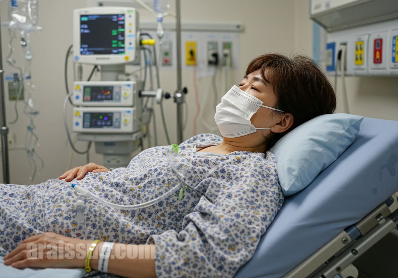 50대 한국 여성이 병원 침대에 누워 마스크를 착용한 채 중증질환 치료를 받고 있다. 치료를 받으며 차분한 표정으로 눈을 감고 있는 모습