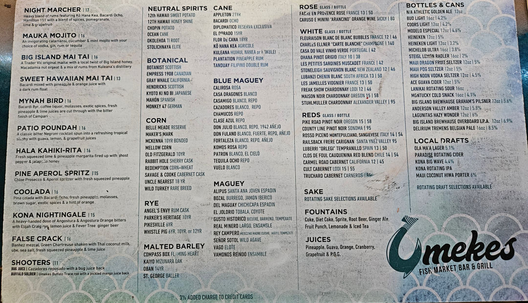 Umekes Fish Market Bar & Grill 메뉴 구성