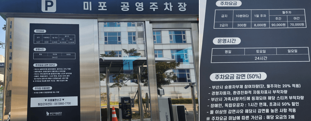 미포 공영주차장 요금(주차비), 할인대상, 무료주차 방법