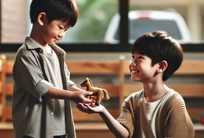 장난감을 친구에게 양보하는 아이