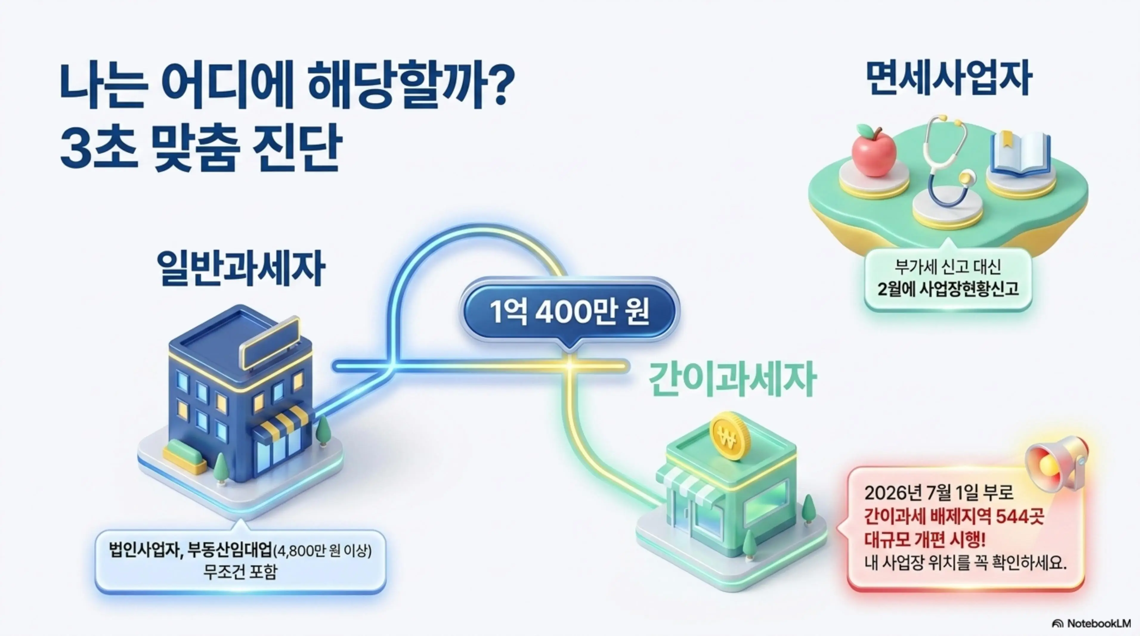 부가가치세 신고기간: 부가세 신고 대상을 일반과세자와 간이과세자 그리고 면세사업자 세 가지 유형으로 구분한 인포그래픽. 1억 400만 원 기준으로 일반과세자와 간이과세자가 나뉘고 면세사업자는 부가세 신고 대신 2월 사업장현황신고를 한다는 내용과 2026년 7월 간이과세 배제지역 544곳 대규모 개편 안내가 포함됨