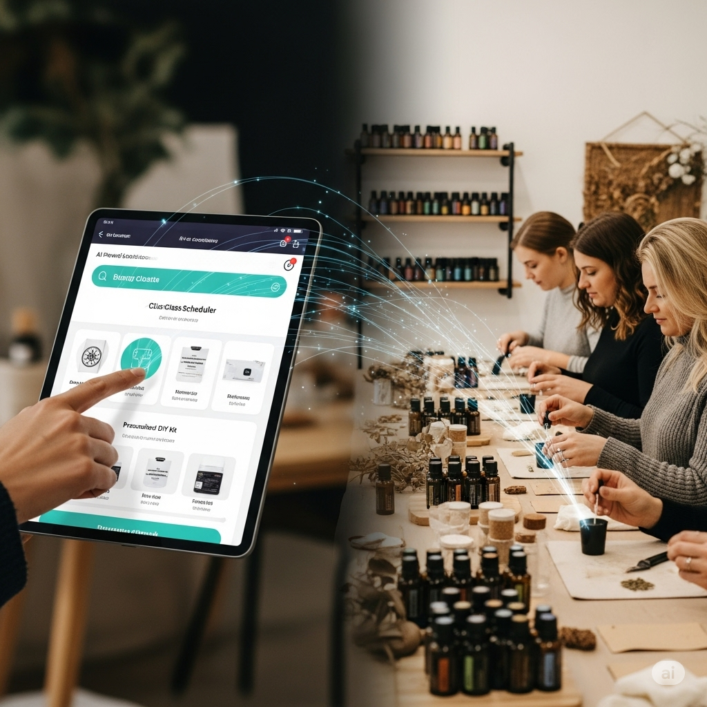 AI 기반 온라인 클래스 예약 시스템과 아로마 오일이 놓인 아늑한 공방의 모습을 연결하여 통합된 고객 경험을 시각적으로 표현합니다