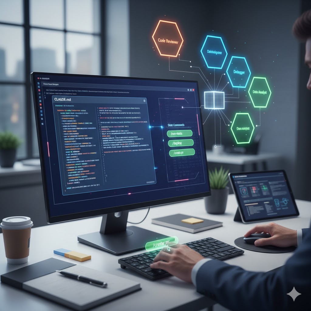 남성이 컴퓨터 앞에 앉아 개발 작업을 하고 있어요. 모니터에는 CLAUDE.md 파일과 슬래시 커맨드(/run-tests, /deploy, /create-pr)가 표시된 코드 에디터가 보이고, 옆으로는 '코드 리뷰어', '디버거', '데이터 분석가' 등의 역할을 나타내는 육각형 아이콘들이 연결된 모습이 보여요. 남성의 손은 키보드의 '/create-pr'이라는 녹색 키를 누르고 있어요.