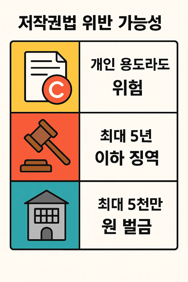 유튜브 영상 무료 다운로드 시 저작권법 위반 위험성과 개인 용도 사용에도 해당하는 법적 처벌, 최대 징역 5년 및 벌금 5천만원 내용을 포함한 인포그래픽