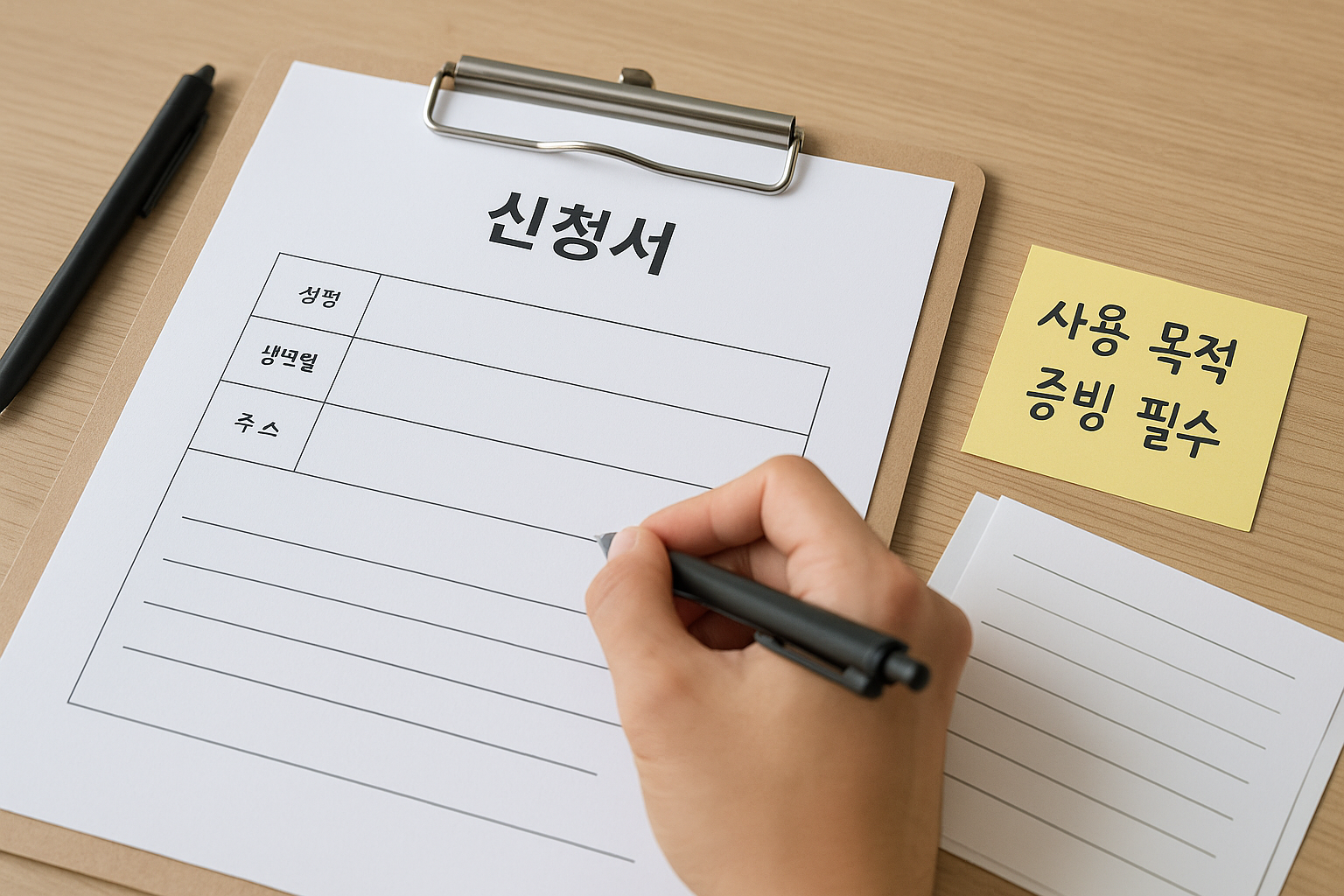신청서 작성 중인 청년의 손과 서류. 옆에는 노란색 메모지에 &lsquo;사용 목적 증빙 필수&rsquo;라고 적혀 있음