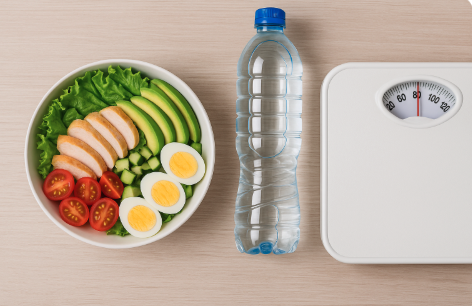 샐러드, 물병, 체중계