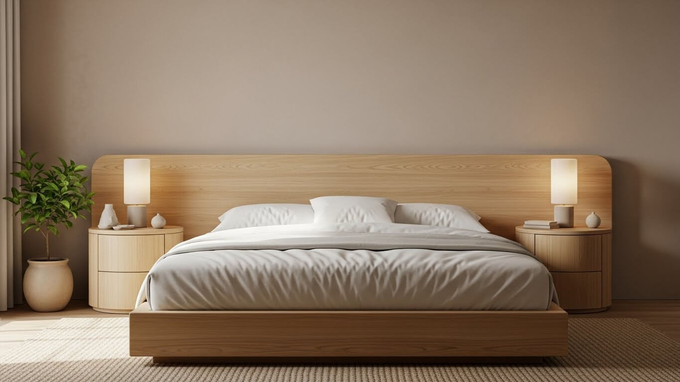 우드톤 헤드보드와 양쪽 조명이 있는 미니멀 침실 인테리어. 안정적인 침대 배치와 따뜻한 분위기가 느껴지는 숙면 공간 디자인.