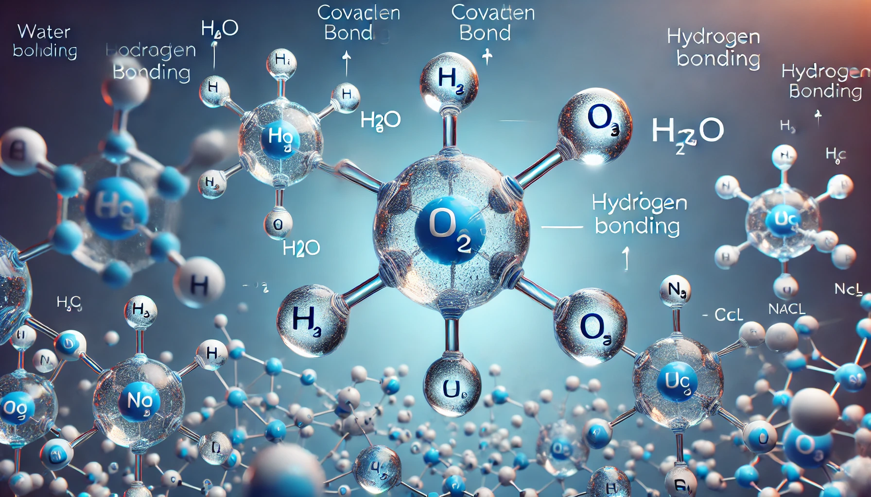 공유 결합, 이온 결합, 수소 결합의 예시를 보여주는 분자 모델.