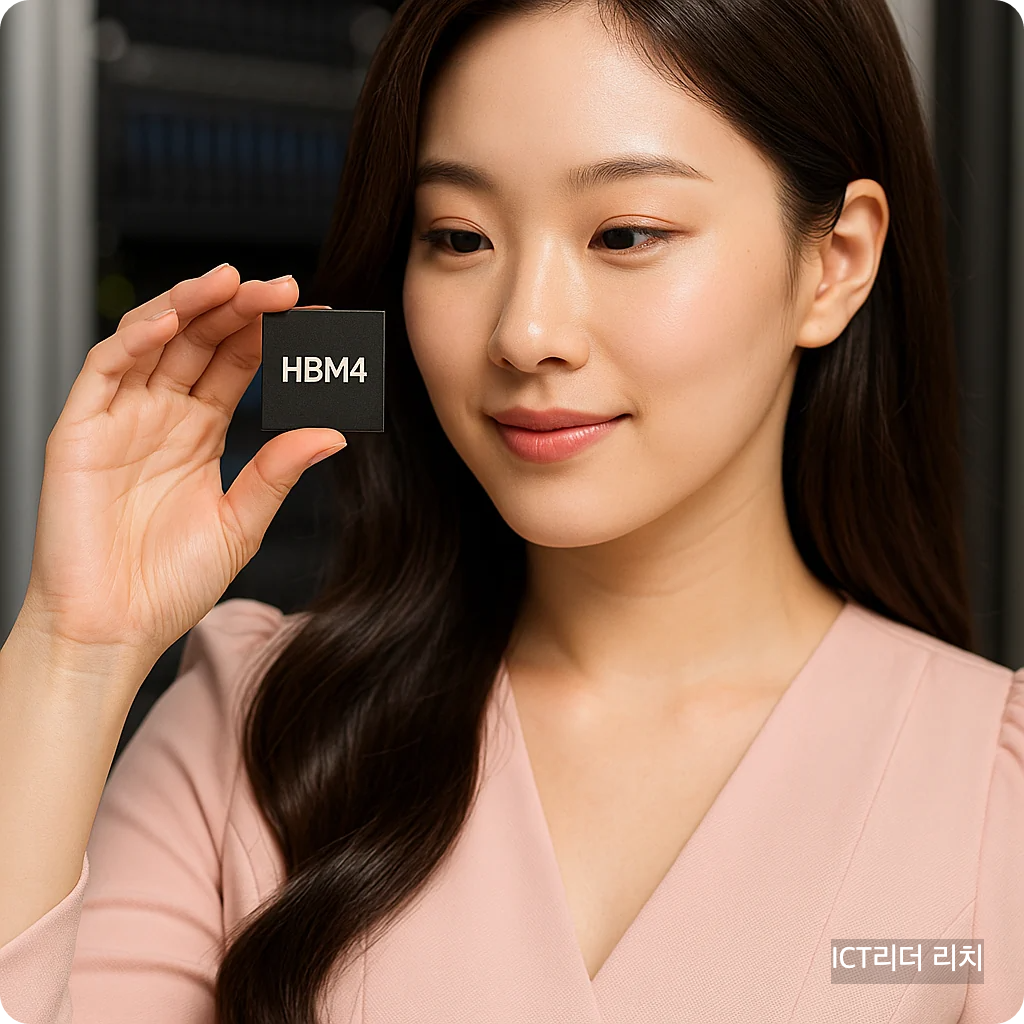 환한 미소를 지으며 HBM4 칩을 조명하는 여성 전문가의 클로즈업 이미지로, 기술과 감성을 함께 담은 썸네일
