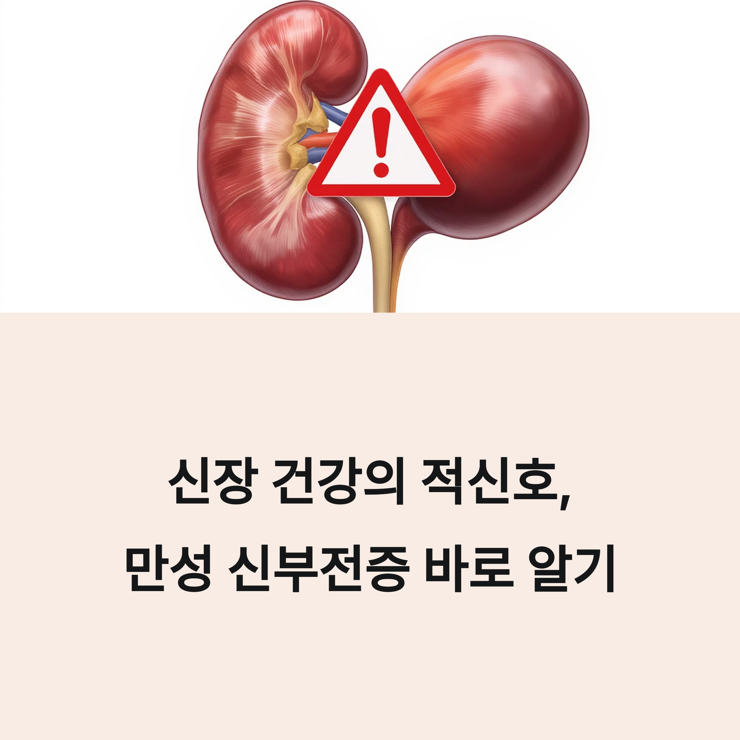 신장 그림 위에 경고 아이콘이 표시된 이미지와 함께 &lsquo;신장 건강의 적신호, 만성 신부전증 바로 알기&rsquo;라는 문구가 적힌 안내 이미지