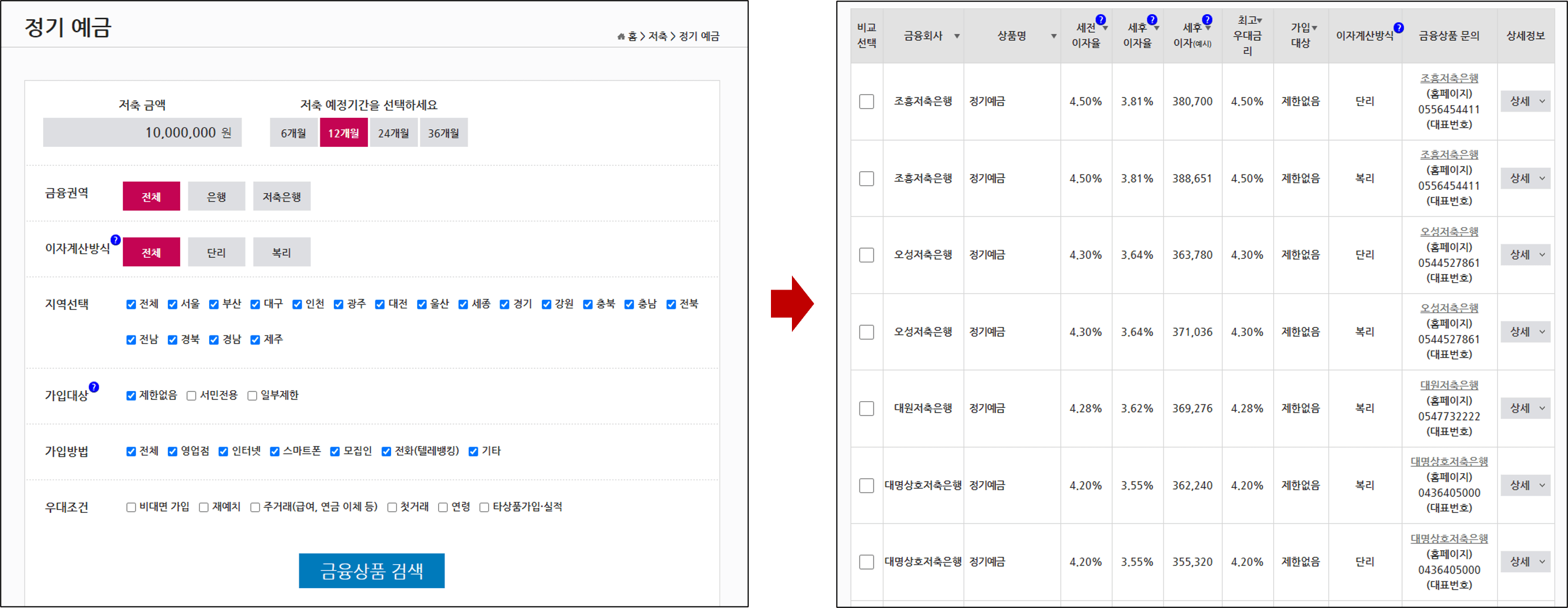 금융감독원-예금금리-맞춤검색-페이지