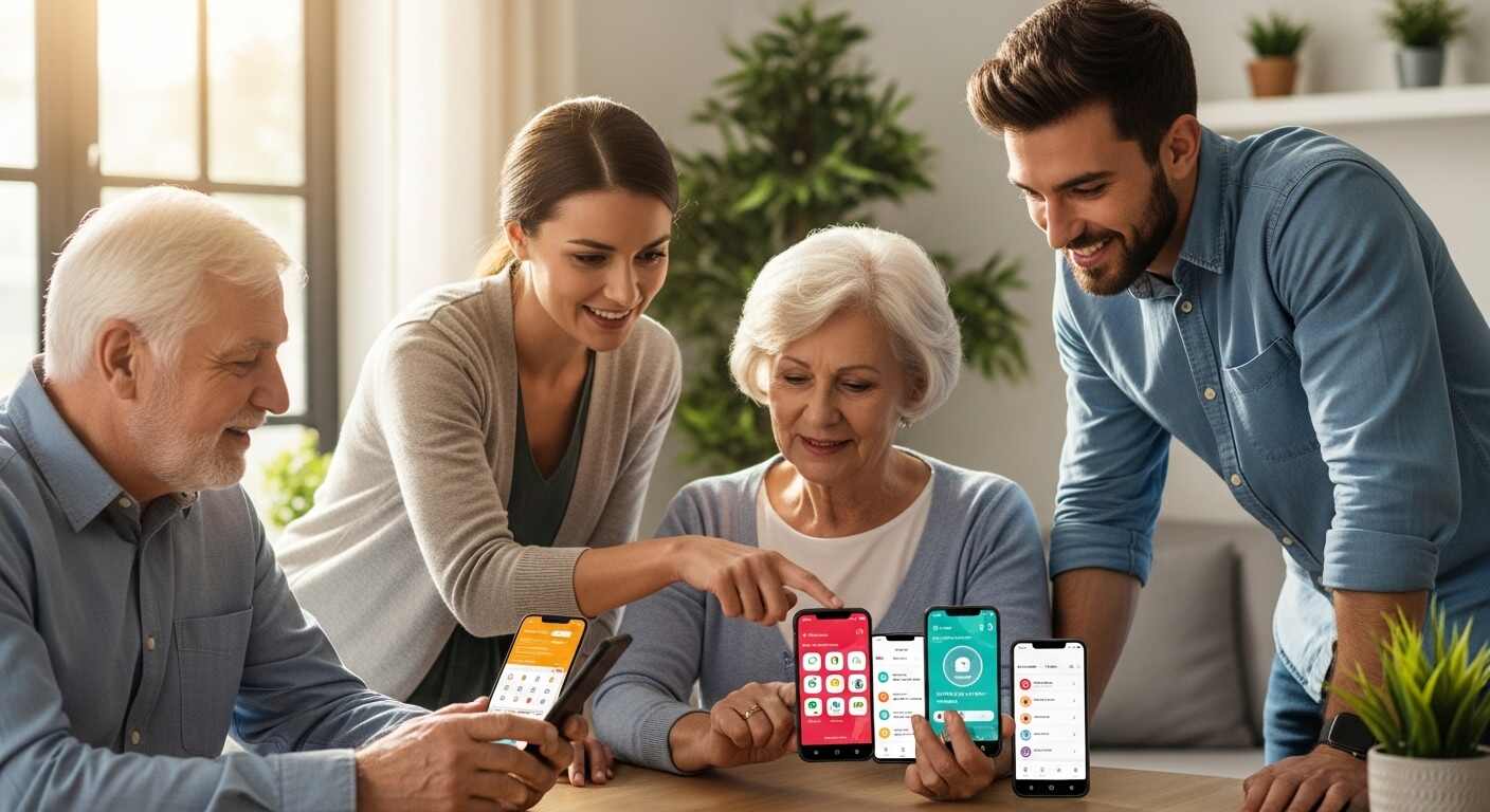 자녀와 함께 스마트폰을 보며 AI 기능을 설명받는 시니어