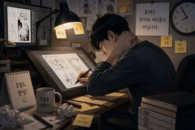 마감으로 피곤한 작가의 모습