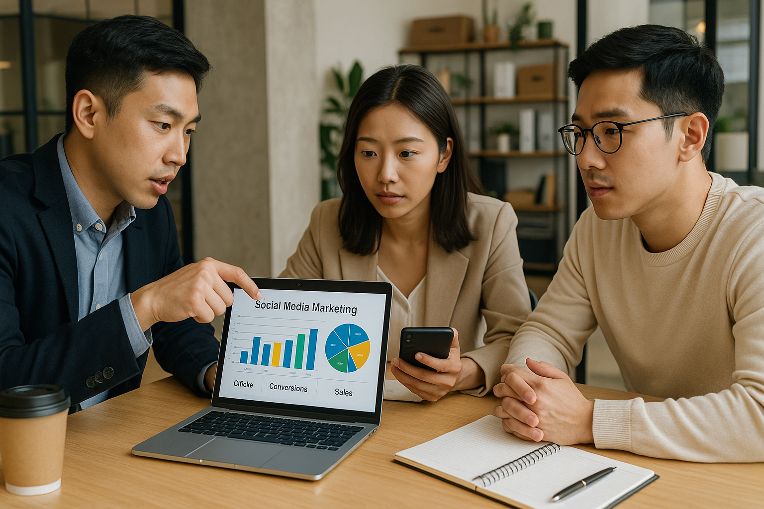 노트북과 스마트폰으로 SNS 마케팅 결과 확인 미팅