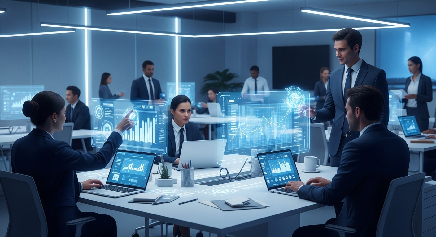 2025년 미래형 사무실에서 AI 도구를 활용하여 생산적으로 협업하는 다양한 전문가들의 모습