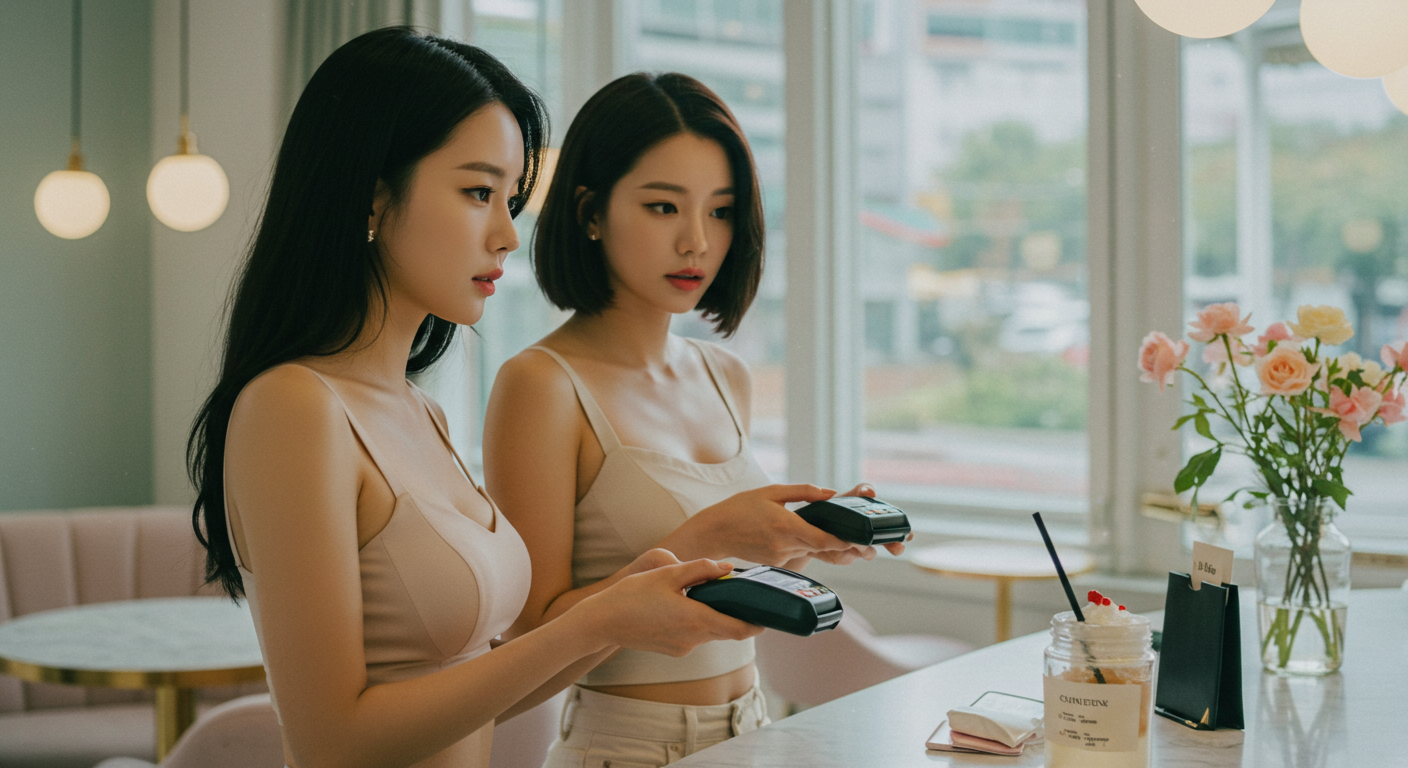 카페에서 계산을 하고있는 여성들