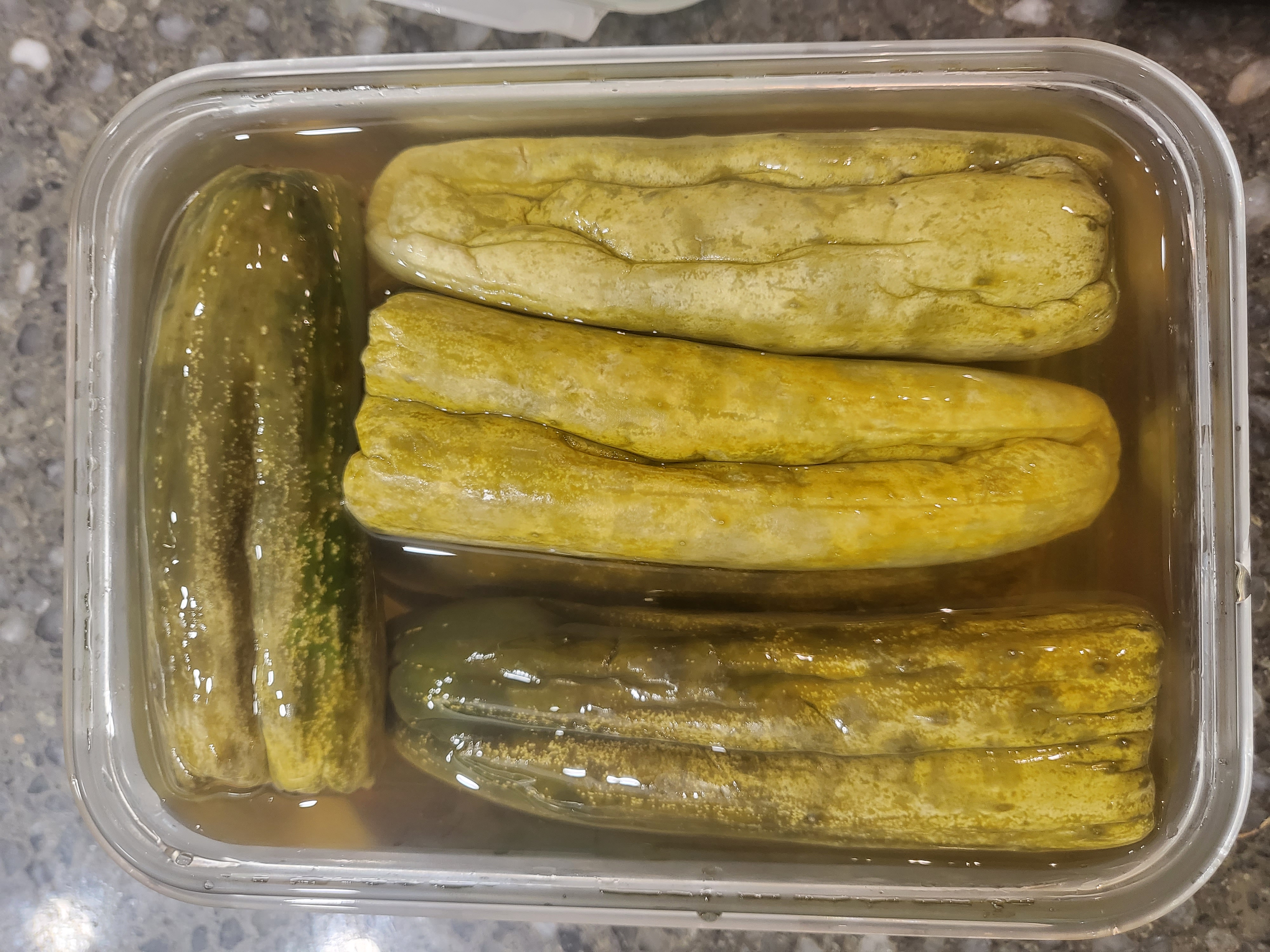 노랗게 절여진 오이를 국물과 함께 반찬통에 담아 냉장보관