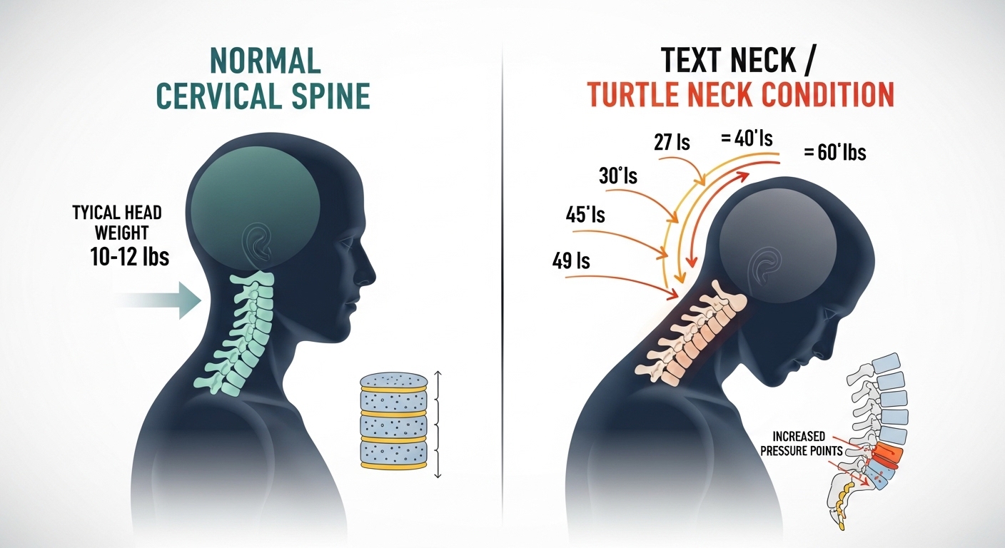 정상 목뼈와 거북목 상태의 하중 차이를 보여주는 인포그래픽