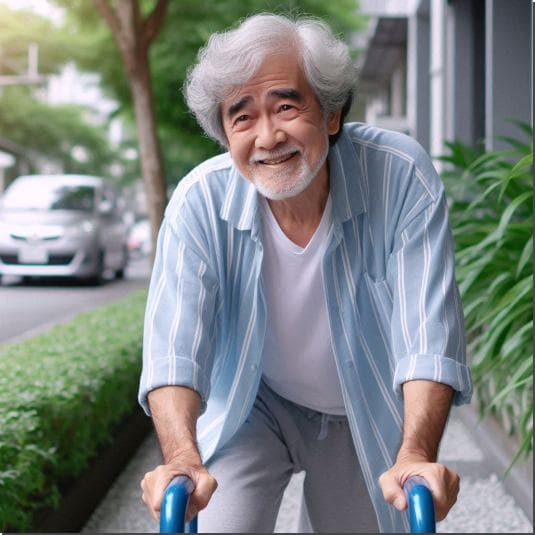 산청목 효능 골관절 건강, 목발로 다니는 노인 사진