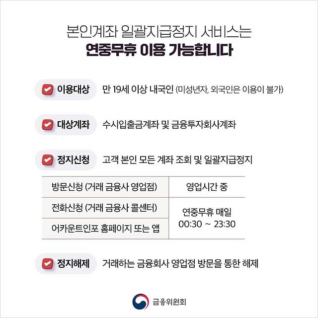 본인계좌 일괄지급정지 신청방법, 보이스피싱 계좌정지
