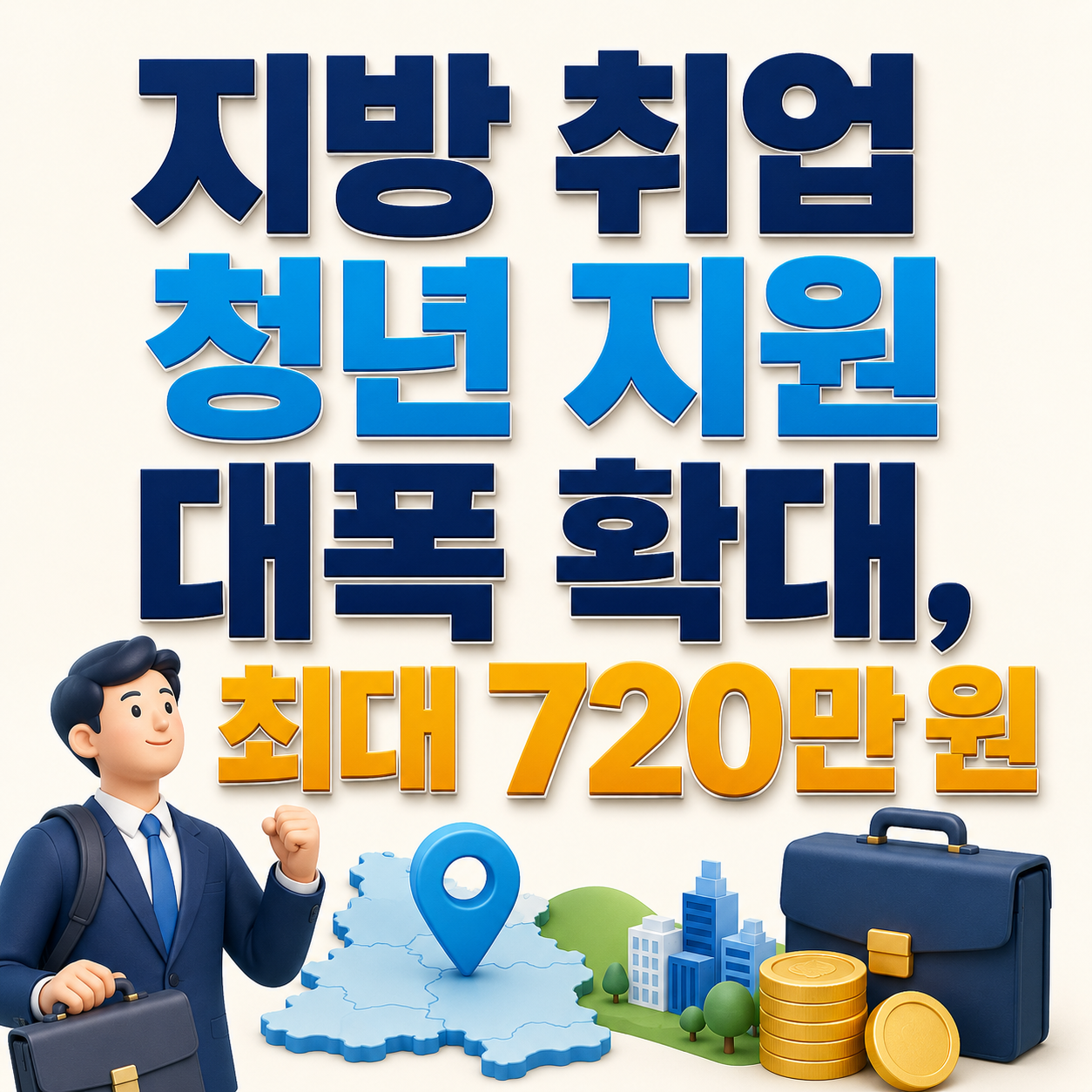 지방 취업 청년 지원 확대와 최대 720만 원 지원 내용을 청년 취업, 지역 일자리, 지원금 이미지로 표현한 인포그래픽 썸네일